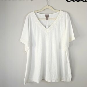 NEW Chico's 100% Cotton Crochet Trim Short Sleeve V-neck Top Size XXL